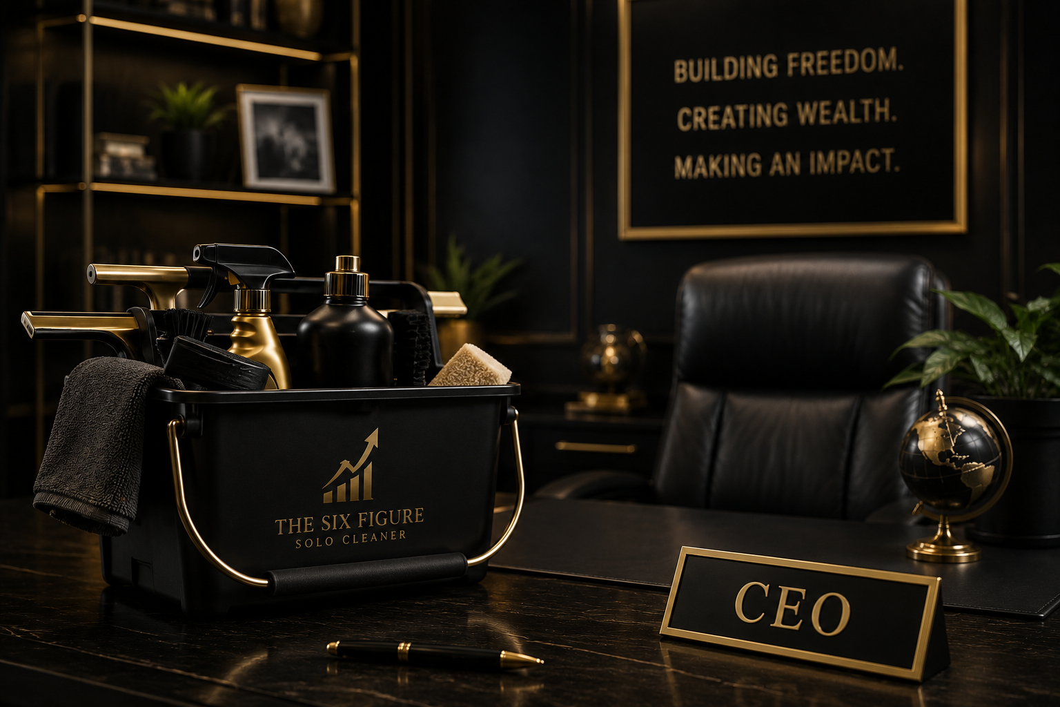 Black and gold CEO office with professional cleaning supplies